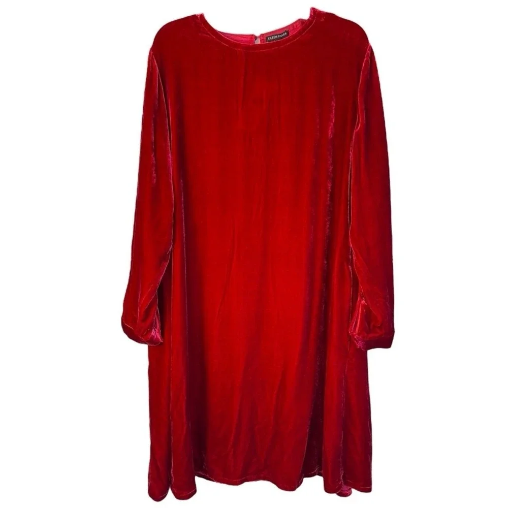 Eileen Fisher Large Ruby Red Crew Neck Long Sleeve Velvet Knee Length Dress NWT‎